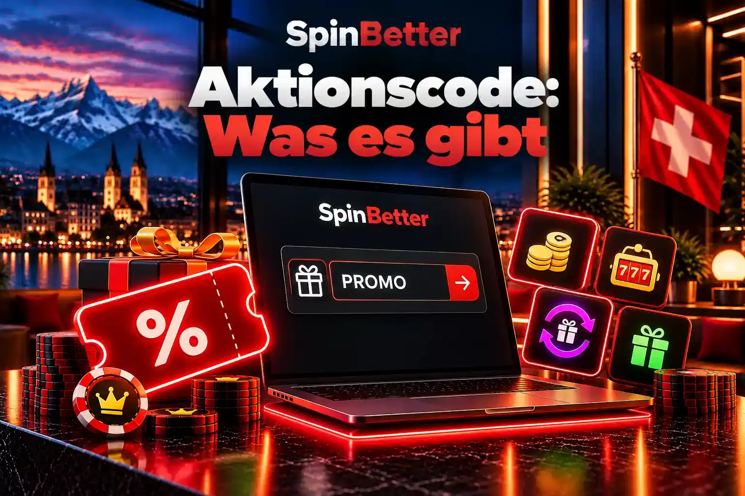 Laptop mit Eingabefeld für den Promo-Code, Gutschein-Ticket und Schweizer Fahne