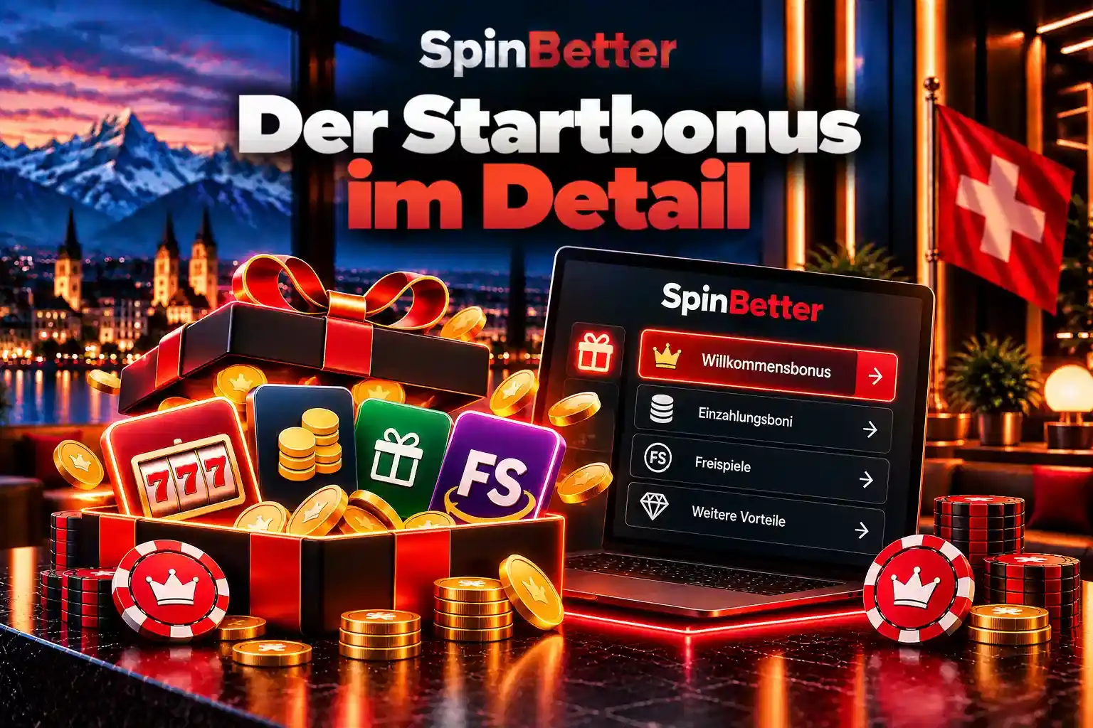 Geöffnete Geschenkbox mit Slot, Münzen und Freispielen neben dem Bonus-Menü von SpinBetter