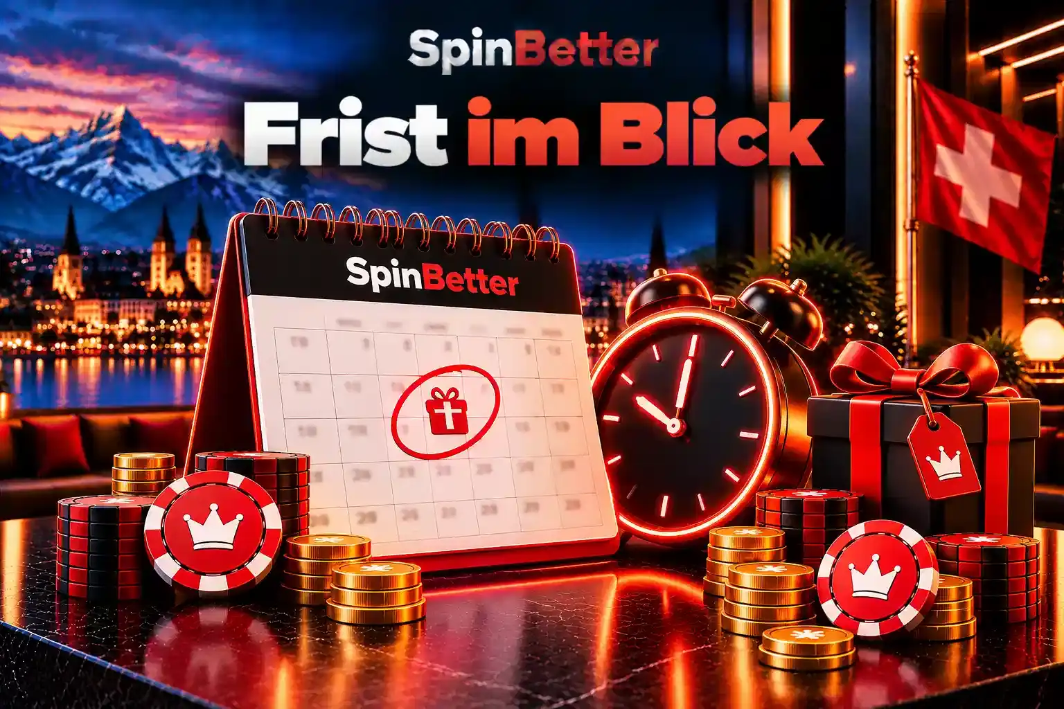 Kalender mit markiertem Geschenk und Wecker: die Frist für den Bonusumsatz