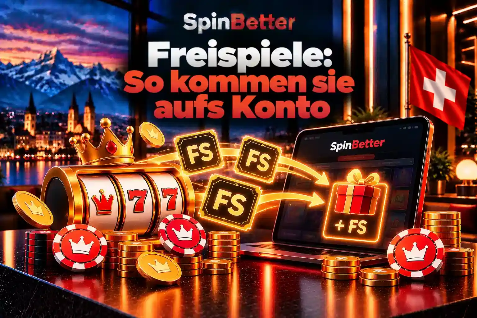 Slot-Walze mit Freispiel-Tickets, die auf das Konto im SpinBetter-Menü fliegen